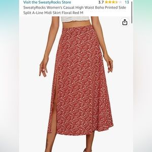 Printed Side Slit Midi Skirt - Red